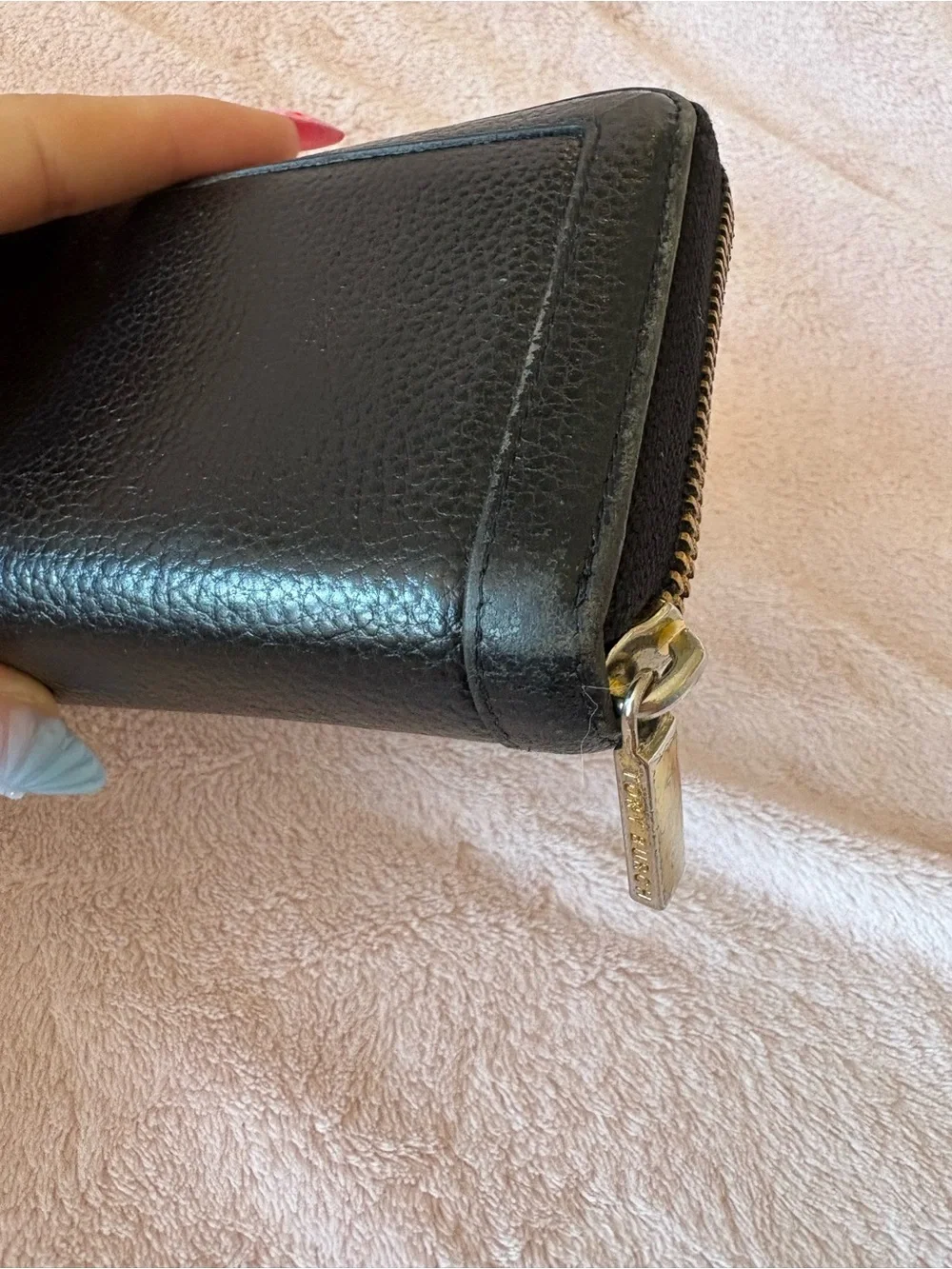 Tory Burch Black Pebbled Leather Zip Wallet with Gold Logo